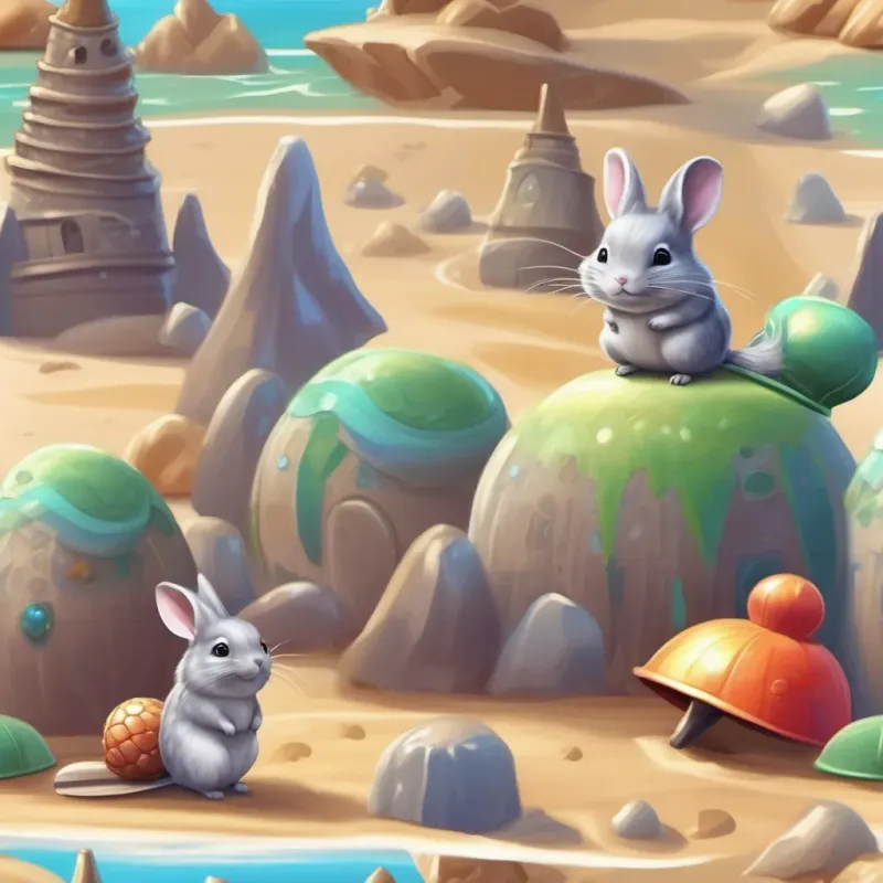 The cap morphing into a shovel and bucket as A playful chinchilla with a bright and sparkling cap in a whimsical style builds a magnificent sandcastle on a sunny beach.