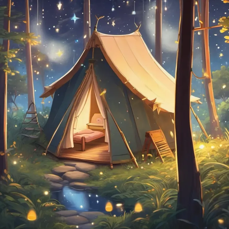 The cap transforming into a cozy starry tent illuminated by fireflies under a night sky filled with twinkling stars.