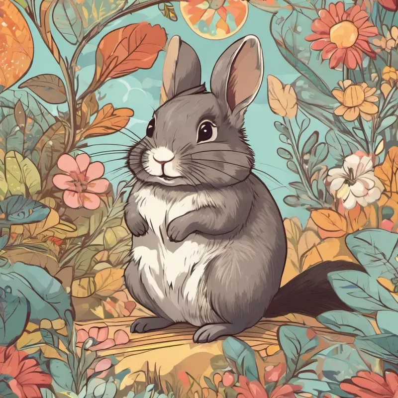 A playful chinchilla with a bright and sparkling cap in a whimsical style's friends, A lively squirrel with a playful demeanor in a colorful and whimsical setting a playful squirrel and A curious rabbit with a joyful expression in a bright and fantastical environment a curious rabbit, looking amazed at the magical cap in a sunny morning scene.