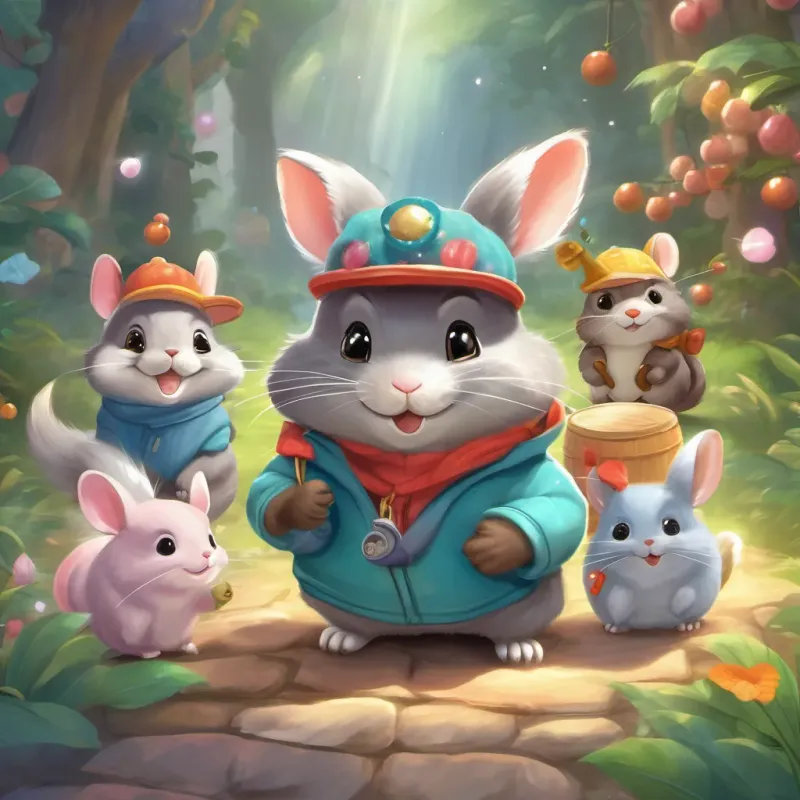A playful chinchilla with a bright and sparkling cap in a whimsical style happily sharing the cap's magic with his friends, all of them smiling and ready for fun adventures.