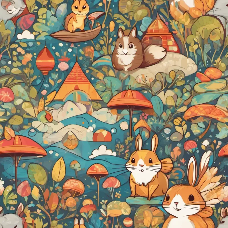 The cap transforming into a colorful kite soaring in the sky with A playful chinchilla with a bright and sparkling cap in a whimsical style, A lively squirrel with a playful demeanor in a colorful and whimsical setting, and A curious rabbit with a joyful expression in a bright and fantastical environment watching joyfully.