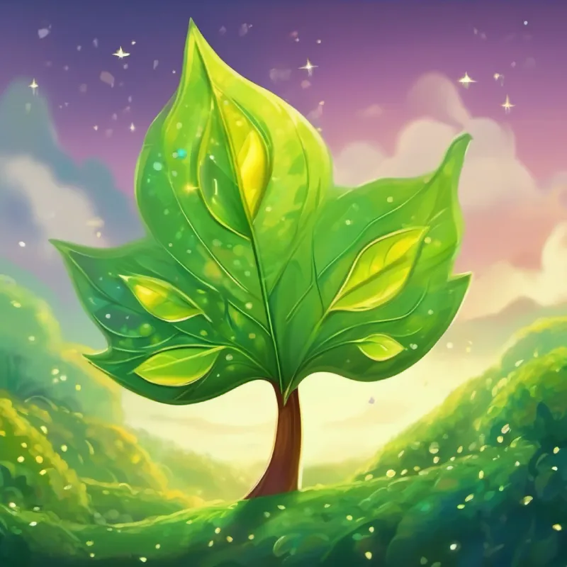 A green, playful leaf with sparkling eyes, adventuresome and curious's exciting journey on the wind, seeing different landscapes and seasons.
