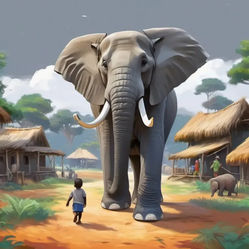 Introduction to the setting, village in Africa, introduction of the Large gray elephant, kind eyes.