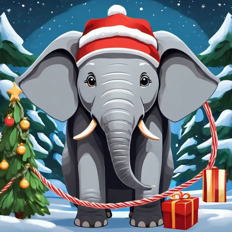 Description of the rope and the Large gray elephant, kind eyes's situation.
