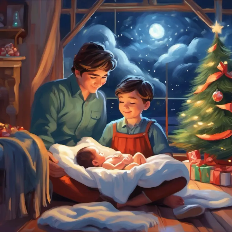 Setting the scene of Newborn baby boy, curious eyes, gentle smile's birth during a storm.