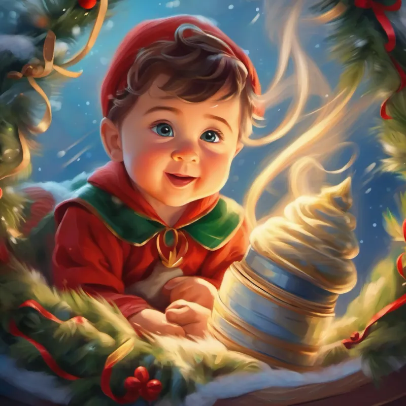 Newborn baby boy, curious eyes, gentle smile's acceptance of his unique bond with spinning, a tornado's legacy.