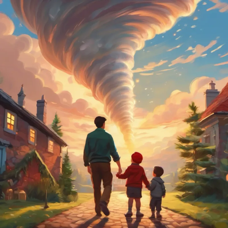 Building suspense with the tornado's proximity and Newborn baby boy, curious eyes, gentle smile's imminent birth.