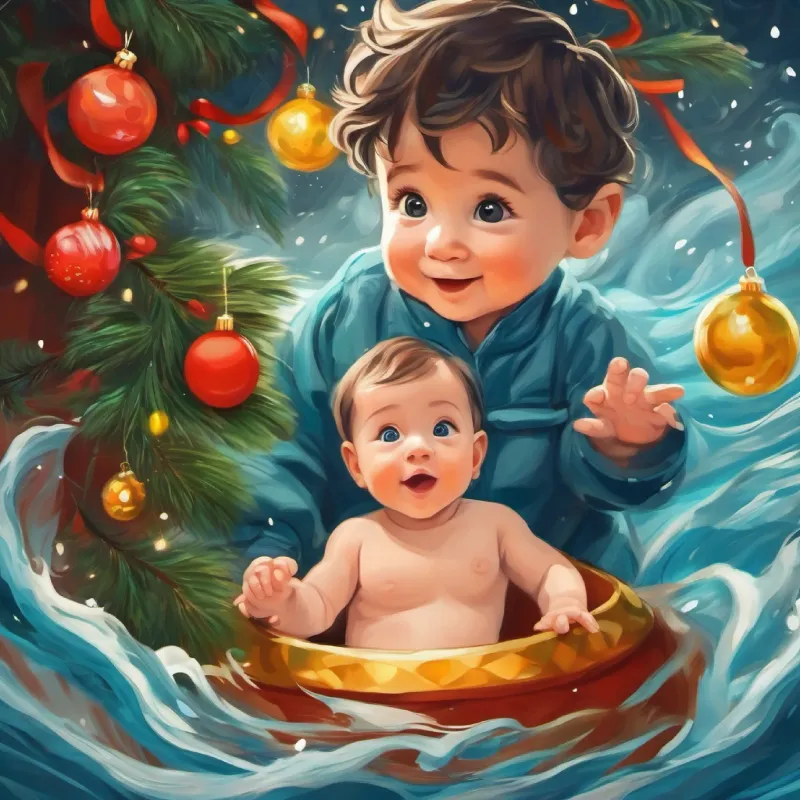 Newborn baby boy, curious eyes, gentle smile's unique behavior with spiraling water indicating a bond with the storm.