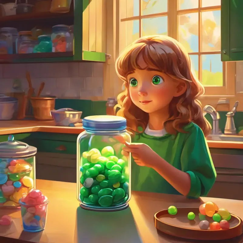 Young, curious, with bright green eyes, and sandy hair looking longingly at candy jar in the kitchen.