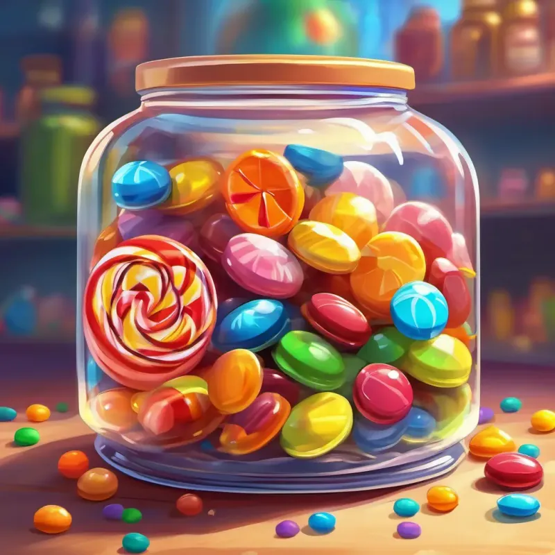 Candy jar gleaming, colorful candies visible inside.