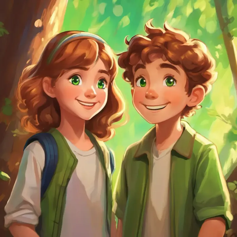 Kind, with laughter in their brown eyes, and chestnut hair talking to Young, curious, with bright green eyes, and sandy hair, offering shared future taste tests.