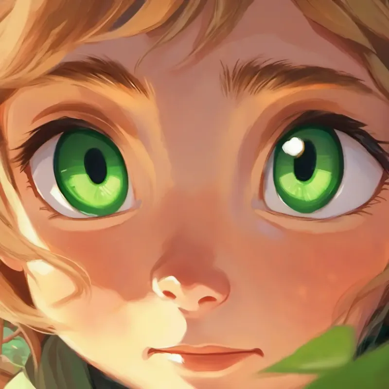 Close-up of Young, curious, with bright green eyes, and sandy hair's innocent expression.