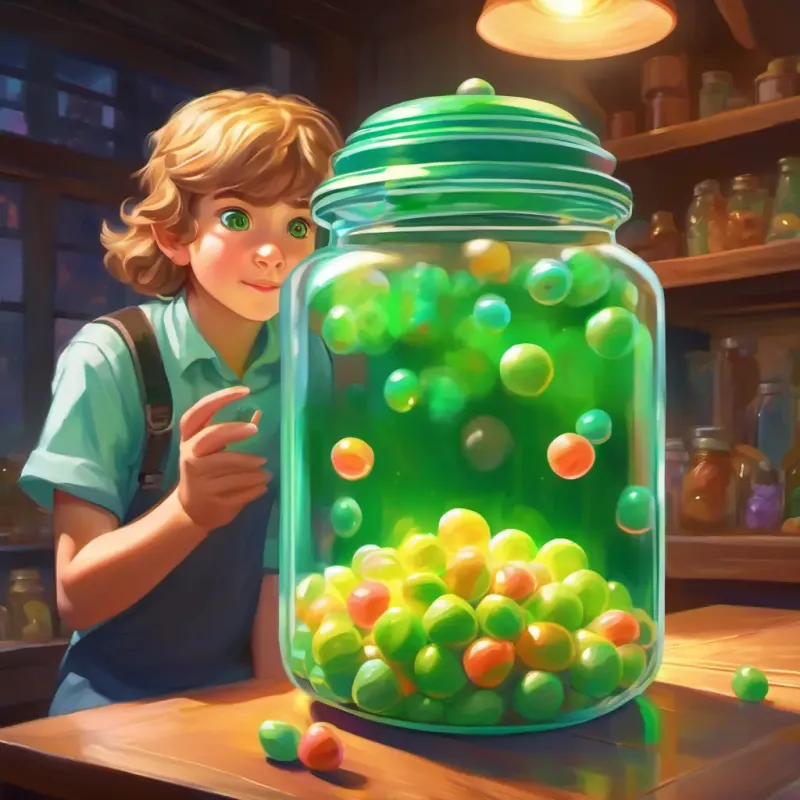 Young, curious, with bright green eyes, and sandy hair opening the candy jar, enticed by the smell.