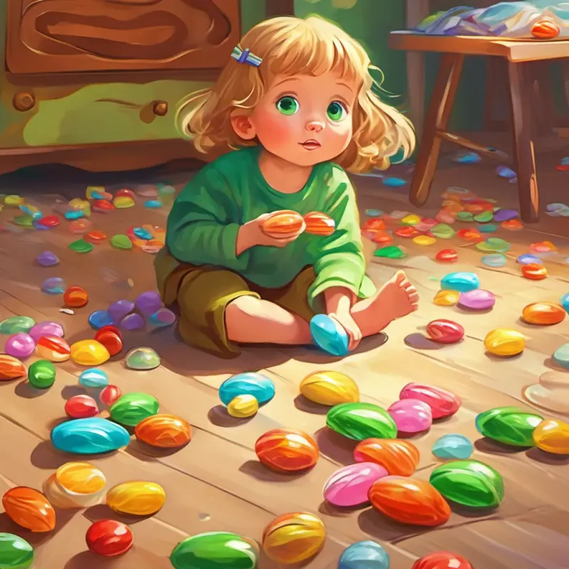 Wrappers on the floor, Young, curious, with bright green eyes, and sandy hair eating candy.