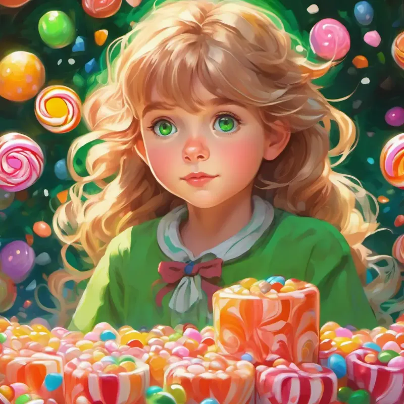 Young, curious, with bright green eyes, and sandy hair's face covered in candy evidence.