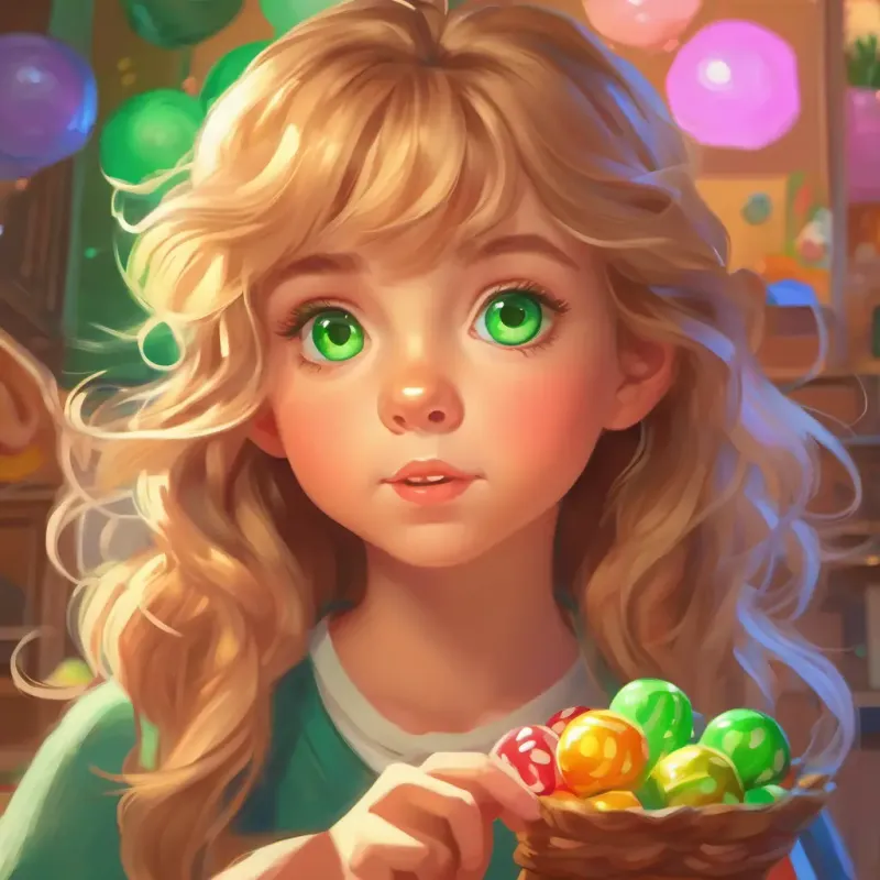 Young, curious, with bright green eyes, and sandy hair justifying her actions with candy-stuffed cheeks.
