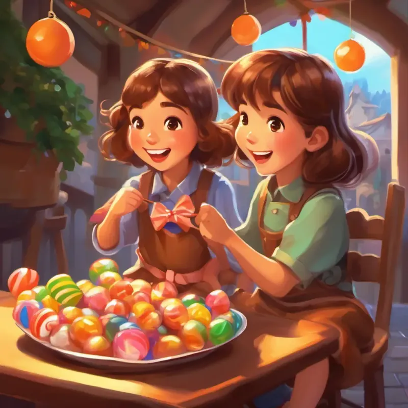 Kind, with laughter in their brown eyes, and chestnut hair sits down, laughing, joining in eating candy.