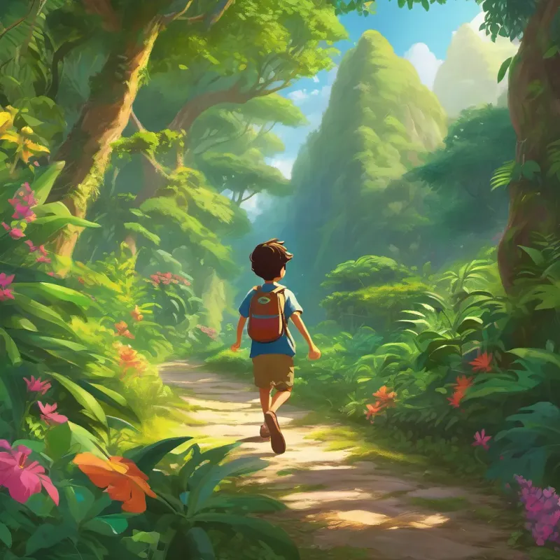 A boy skipping joyfully along a jungle path in bright sunlight, with lush greenery and colorful flowers abounding.