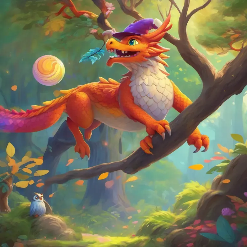 A dragon bouncing with joy, pointing to a colorful hat on a tree branch, as an owl looks on kindly.