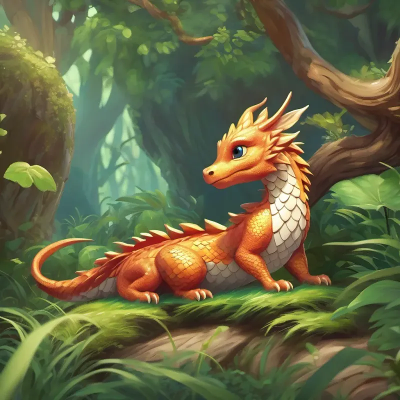 A tiny dragon with shiny scales, resting amidst the roots and grass, looking as curious and enchanting as can be.