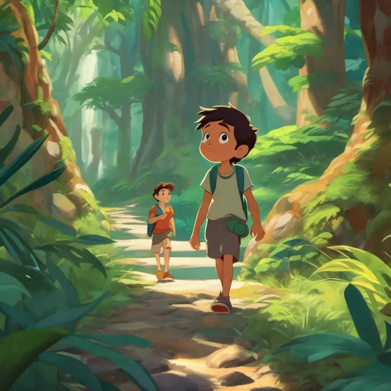 A curious boy looking with wide eyes at the towering trees and scattered rocks in a vibrant jungle.