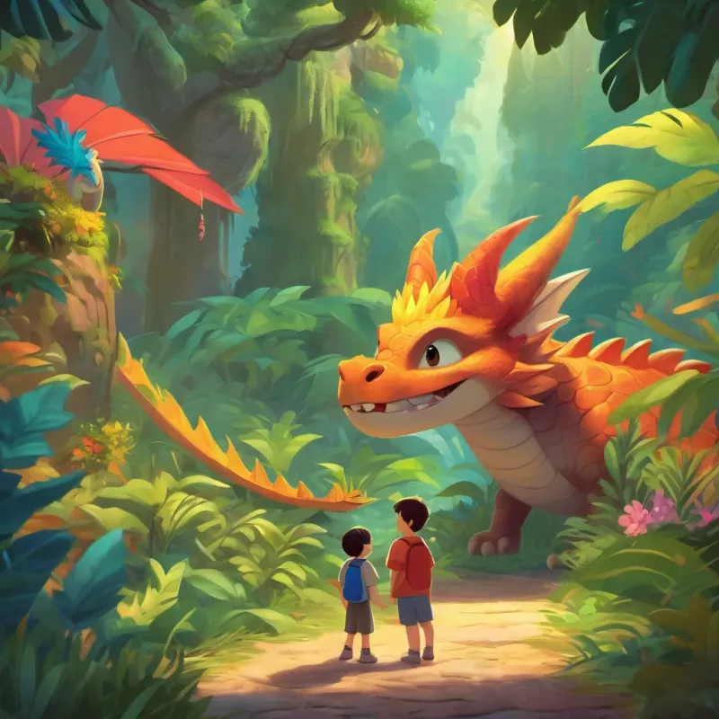 A cheerful and tiny dragon extending a friendly offer to a boy, in the middle of a colorful jungle.