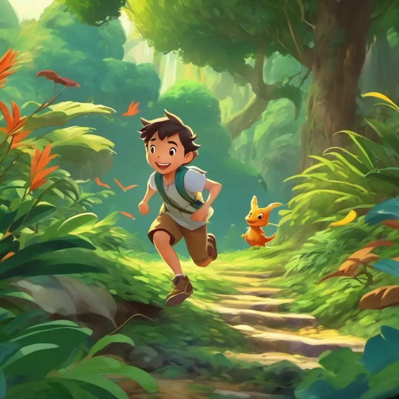 A small dragon and a boy sprinting through a lively jungle landscape, full of singing birds and flowing streams.