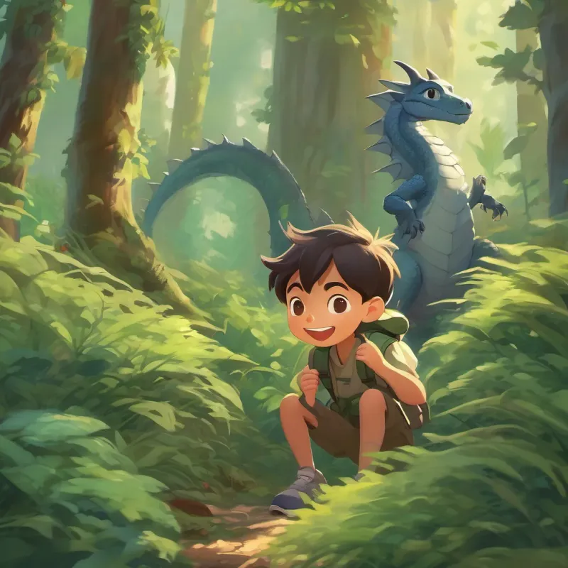 A boy holding a mistaken item, with a tiny dragon laughing beside him among the forest thickets.