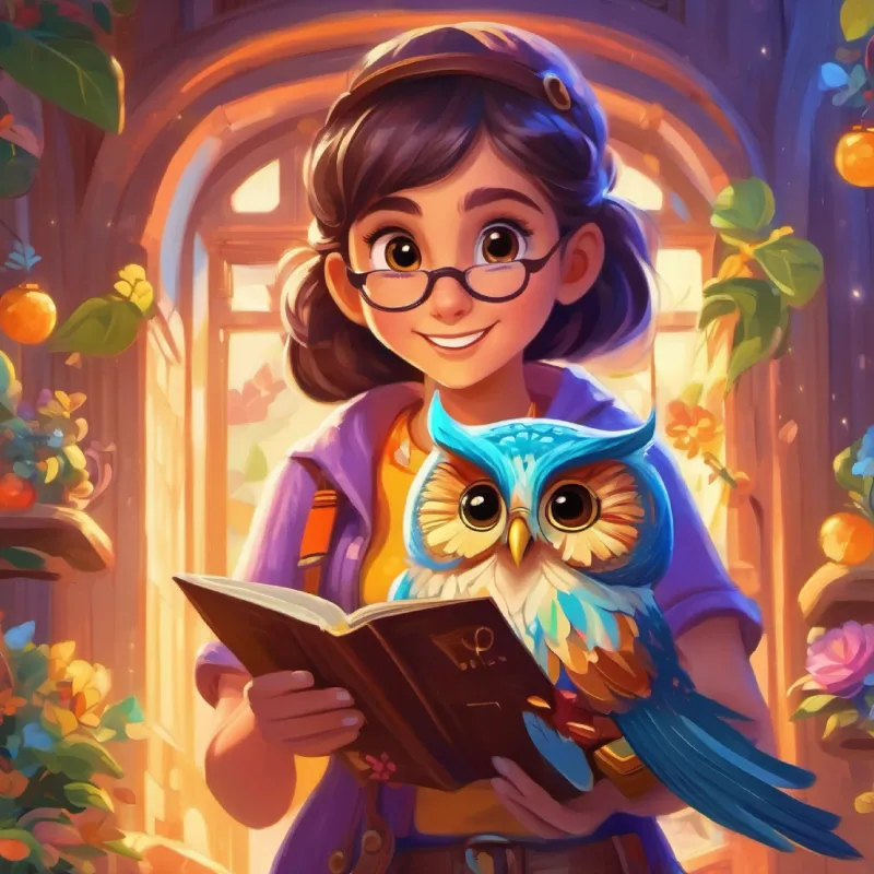 An owl teaches Lively girl with bright eyes and a smile, always dressed in cheerful colors about balancing saving with joyful spending.
