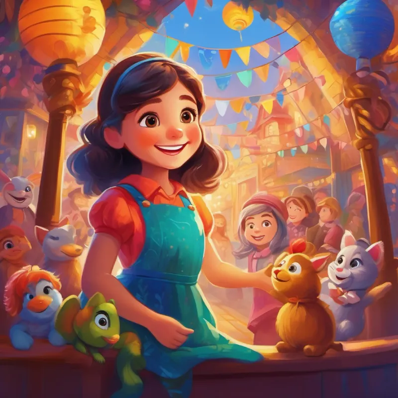 Lively girl with bright eyes and a smile, always dressed in cheerful colors spends on a puppet show, discovering the joy of experiences.