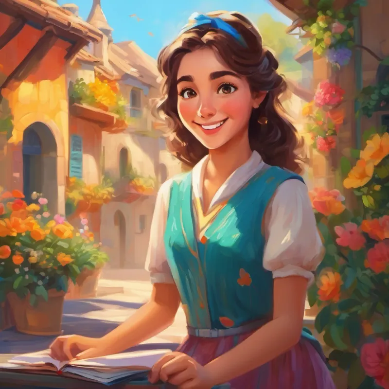 Lively girl with bright eyes and a smile, always dressed in cheerful colors prepares to leave, having learned valuable lessons.