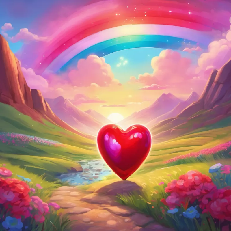 Introduction, A red heart with sparkly eyes and a warm smile and A pink heart with bright eyes and an adventurous spirit in Heart Valley, a vibrant place with rainbow skies.