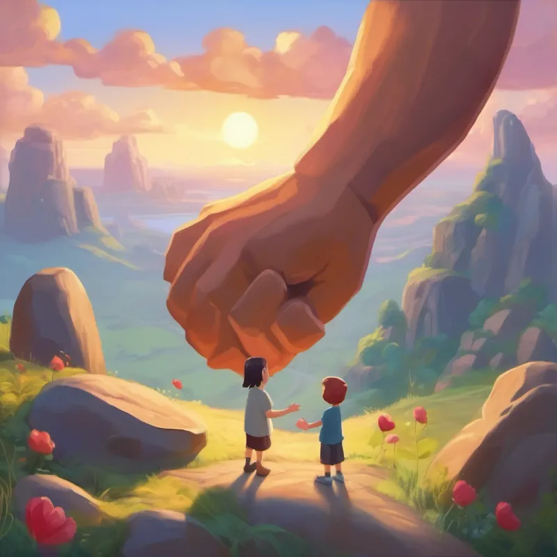 Rock giant hands over the piece, lesson about kindness, promise made by hearts.