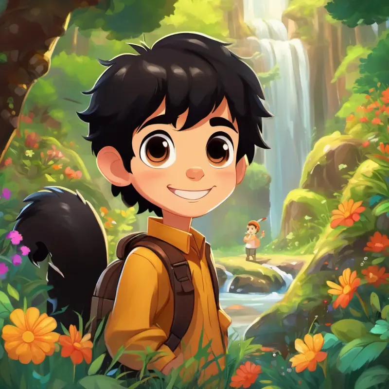 Small boy with black hair, bright eyes, and a warm smile imagines himself in the magical forest, surrounded by tall trees, colorful flowers, and a waterfall. Friendly squirrel with soft brown fur and sparkly black eyes, always wearing a mischievous smile, with his mischievous smile, is holding the treasure chest.