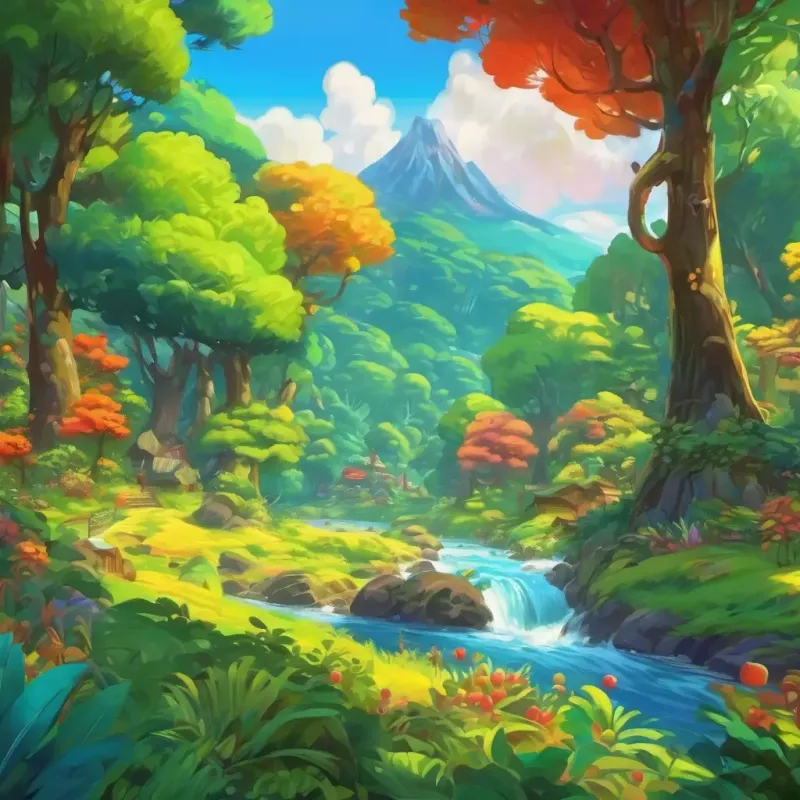 The forest transforms into a vibrant paradise, with flowing rivers, colorful fruits, and cheerful animals.