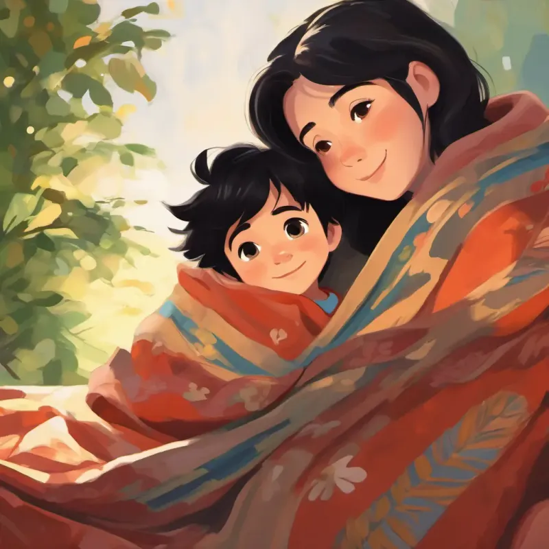 Small boy with black hair, bright eyes, and a warm smile cuddles under his blanket, his mother leaning over him with a loving smile.