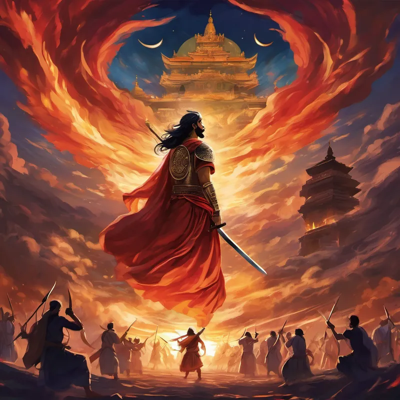 With each swing of his sword, Lord Kalki struck down the forces of darkness, establishing peace, and renewing hope within the hearts of the people. The evil tyrant was defeated, and tranquility was restored to the once-turbulent kingdom. The people rejoiced and celebrated, grateful for Lord Kalki's courage and dedication. They honored him as their savior, vowing to cherish the virtues he had exemplified in their eternal quest for righteousness.