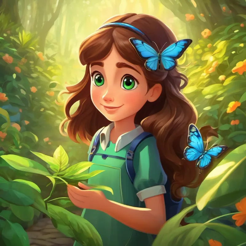 Introducing Curious girl, wide-eyed, with long brown hair and green eyes and the magic butterfly, setting up the adventure.