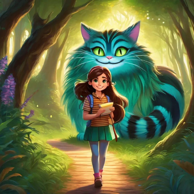 Curious girl, wide-eyed, with long brown hair and green eyes enters the forest, meets guide Grinning Cheshire cat with striped fur, Leo is Lily's guide the cat.
