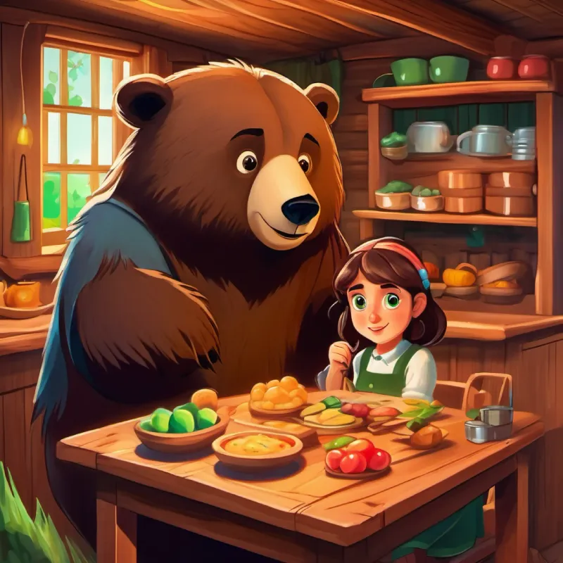 Curious girl, wide-eyed, with long brown hair and green eyes helps the bear at Munch Munch Cabin.