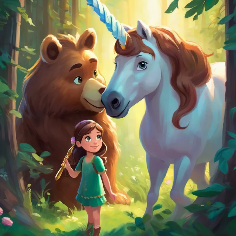 Curious girl, wide-eyed, with long brown hair and green eyes receives a key from the bear, discovers unicorns.