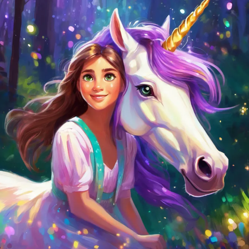 Sparkly maned unicorn with a shiny violet horn and playful spirit gives riddle clue to Curious girl, wide-eyed, with long brown hair and green eyes; excitement builds.