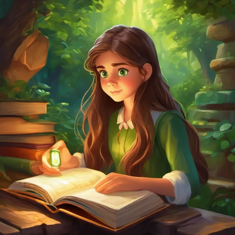 Curious girl, wide-eyed, with long brown hair and green eyes uses the key, discovers a secret book.