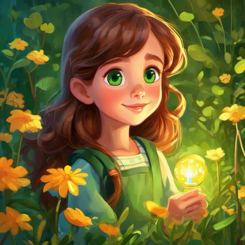 Curious girl, wide-eyed, with long brown hair and green eyes makes a wish, the adventure concludes with joy.