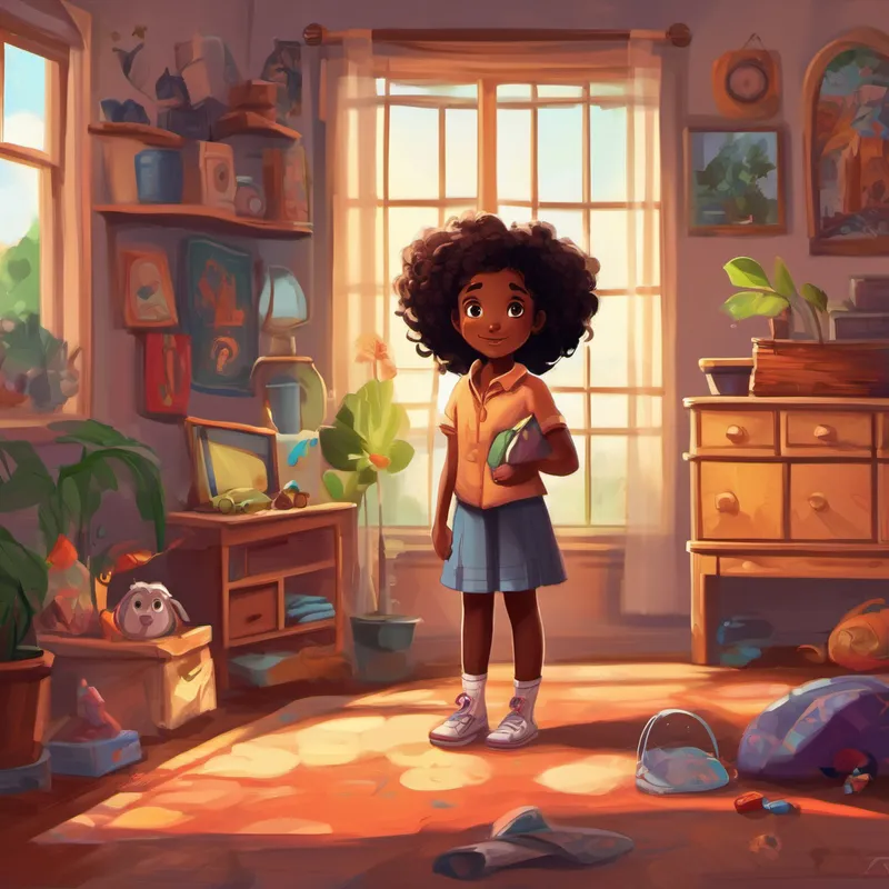 Once upon a time, in a cozy little house there lived a girl named Juju. Juju was a beautiful African American 7-year-old girl who had long, gorgeous curly hair. But, there was one thing about Juju that troubled her parents - she never cleaned her room. No matter how much her parents urged her, Juju let the clothes and toys pile up so high and everywhere that she could barely see over it. Now, Juju was a dreamer and sometimes she got so caught up in her imagination that she forgot about her messy room. She loved playing with her dolls and creating exciting adventures for them. But, her messy room had become a chaotic jungle, and it was hard for her to find her favorite things.