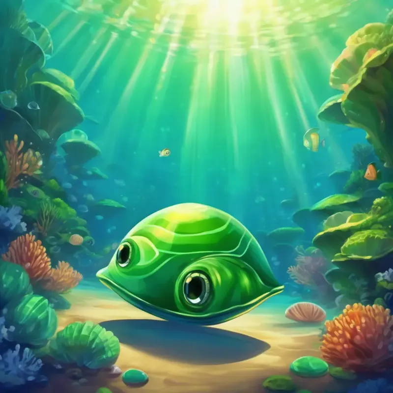 Introduction to Shiny green shell, big, curious eyes, friendly smile and the setting in the deep blue sea.