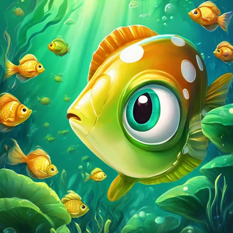 Shiny green shell, big, curious eyes, friendly smile meets the school of fish and has fun playing games with them.