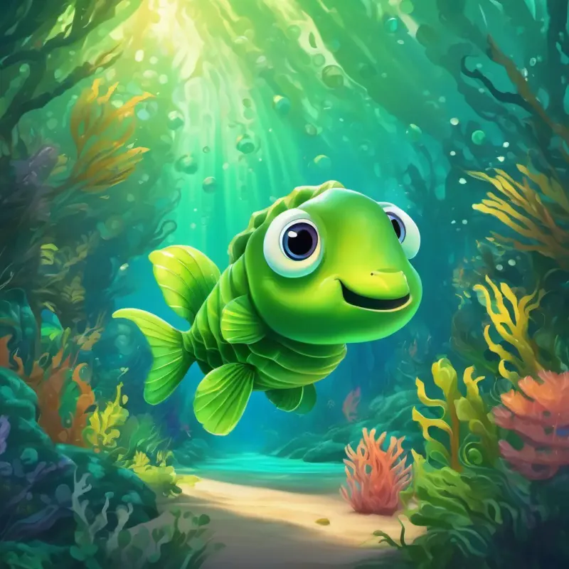 Shiny green shell, big, curious eyes, friendly smile meets the sea horse and gets a ride through the seaweed forest.