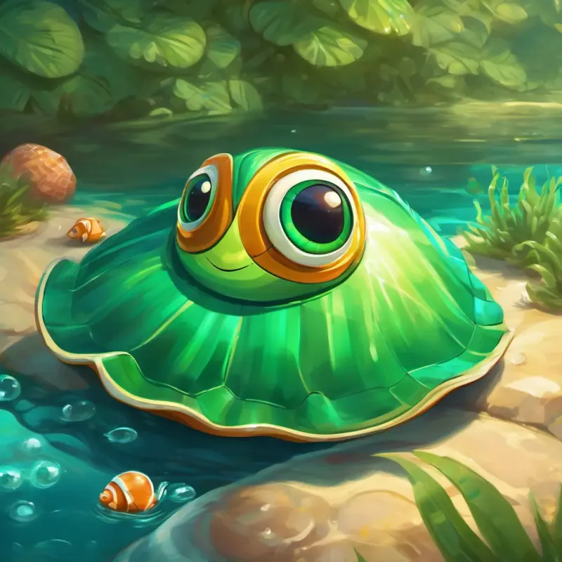 Shiny green shell, big, curious eyes, friendly smile faces the whirlpool and uses her strong flippers to swim out.