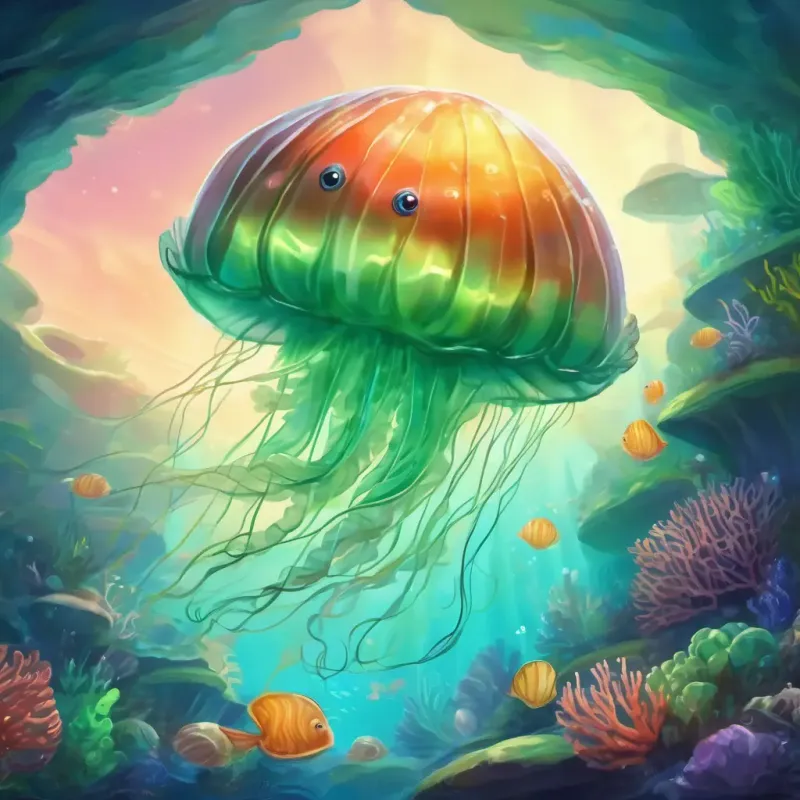 Shiny green shell, big, curious eyes, friendly smile meets the gentle giant jellyfish and discovers the magical coral reef.
